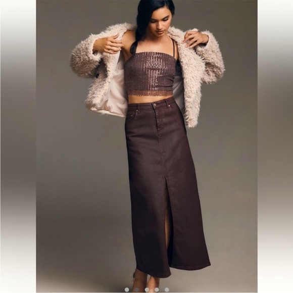 Anthropologie Dresses & Skirts - NWT Anthropology Burgundy Madi Front Slit Coated Denim Skirt Size 14